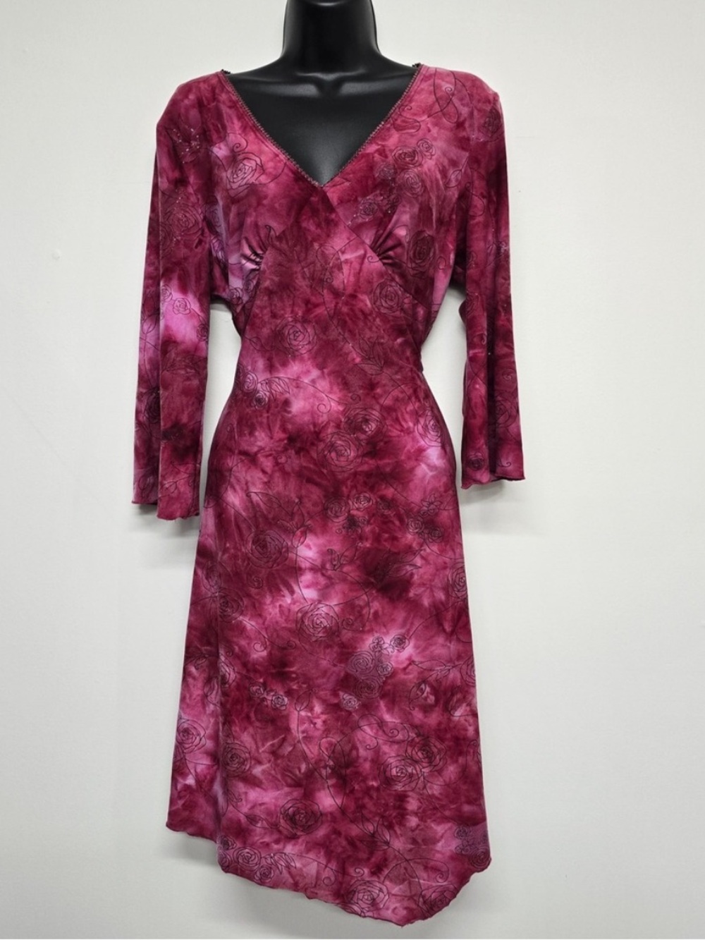 Rag Rose Floral Bell Sleeve Dress Womens XL Magenta‎ Glitter Y2K Whimsigoth Boho